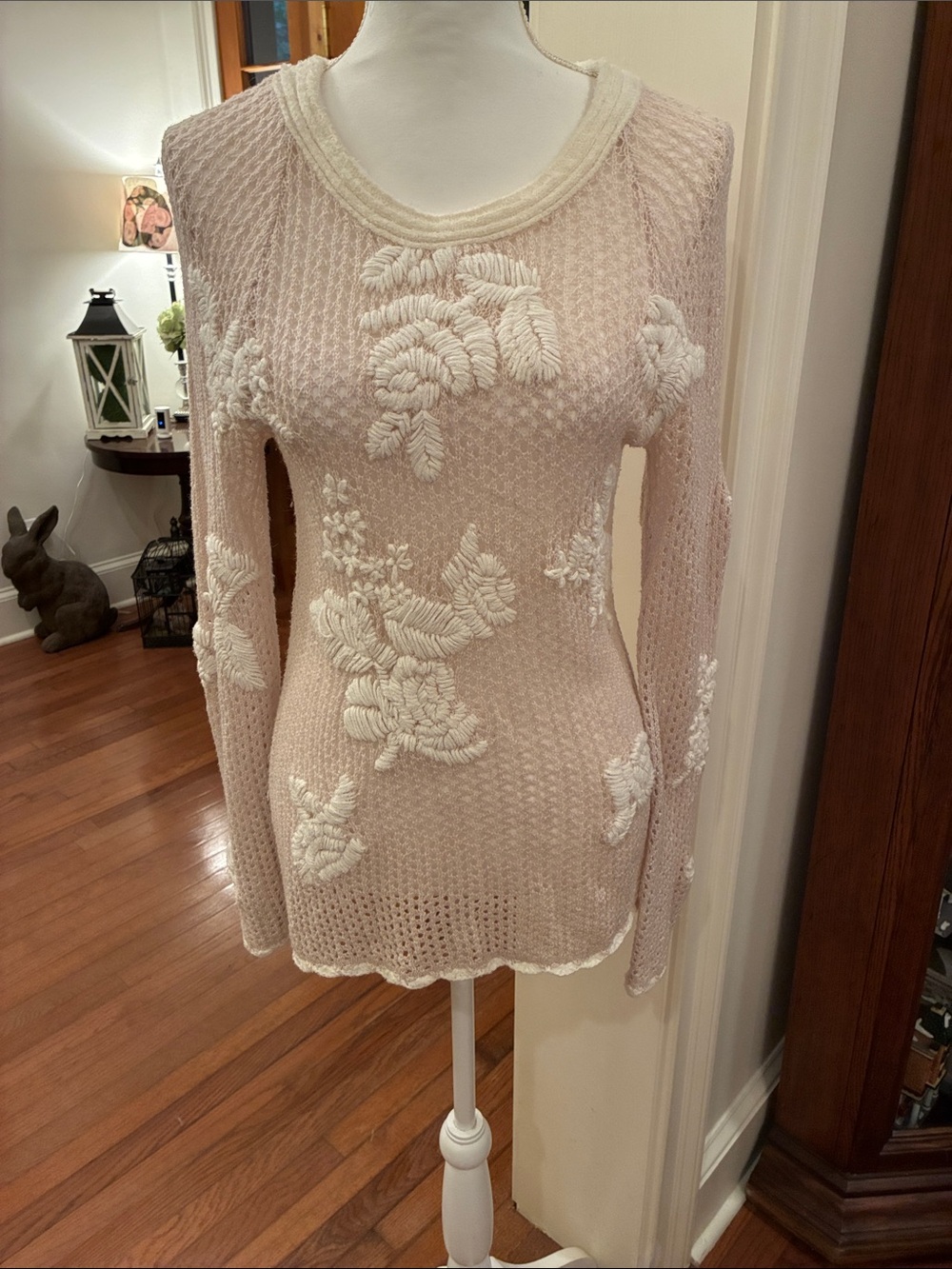 Anthropologie Scoop-Neck Open-Knit Floral Appliqué Sweater